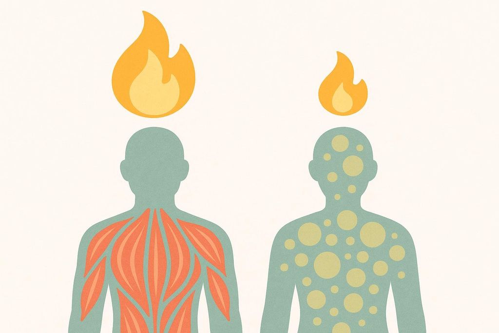 An illustration comparing the high calorie burn of muscle tissue to the lower calorie burn of fat tissue, depicted by two human silhouettes with flames above them. The left silhouette, representing muscle, has a large flame and internal red muscle diagrams. The right silhouette, representing fat, has a small flame and internal yellow circles symbolizing fat.
