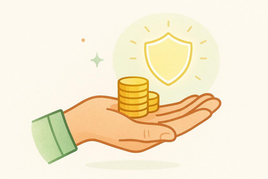 An illustrated hand holds stacks of gold coins, with a glowing gold shield icon appearing above them, representing smart and safe healthcare spending.