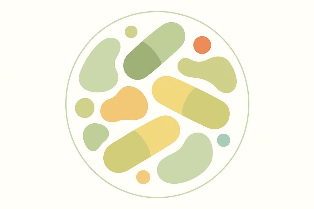 An abstract illustration of various organic shapes and pill-like forms within a circle, colored in shades of green, yellow, and orange, representing a balanced gut microbiome.