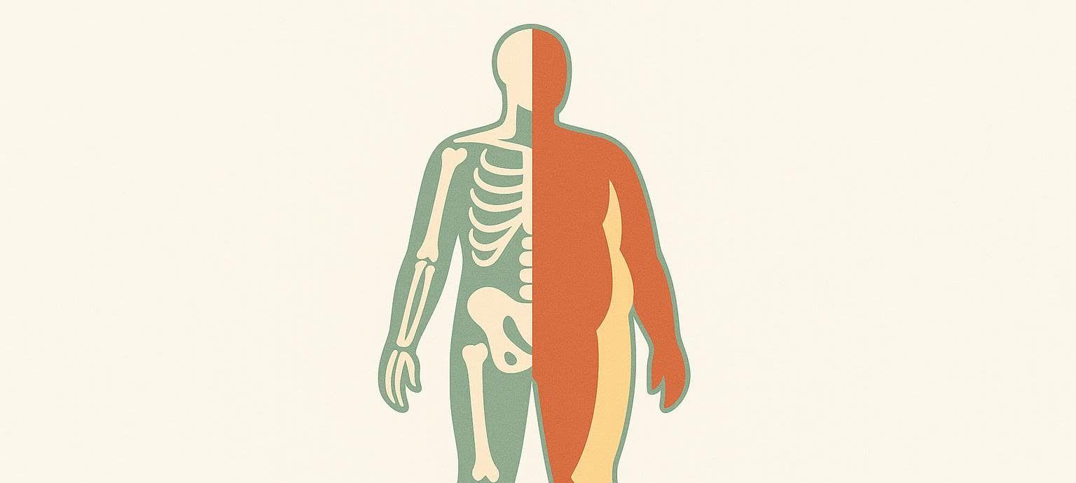 Abstract illustration of a human body split in half, showing the skeleton on the left and body composition with muscle and fat on the right.