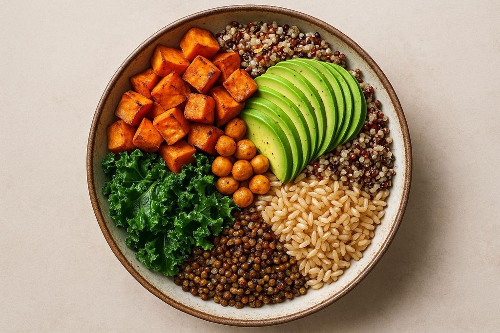 A colorful buddha bowl filled with vibrant ingredients including roasted sweet potato cubes, sliced avocado, green kale, lentils, quinoa, and rice. Small golden spheres are arranged next to the avocado.