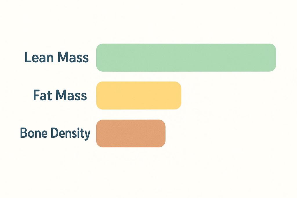 Vector illustration of a report chart with three horizontal bars. The top bar, labeled 'Lean Mass', is long and green. The middle bar, labeled 'Fat Mass', is shorter and yellow. The bottom bar, labeled 'Bone Density', is the shortest and brown.