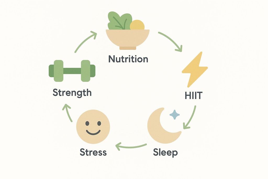 A diagram illustrating a cyclical relationship between five strategies for fat reduction: Nutrition, HIIT, Sleep, Stress, and Strength. Each strategy is represented by an icon (salad bowl for nutrition, lightning bolt for HIIT, crescent moon for sleep, happy face for stress, and dumbbell for strength) with arrows connecting them in a continuous loop.