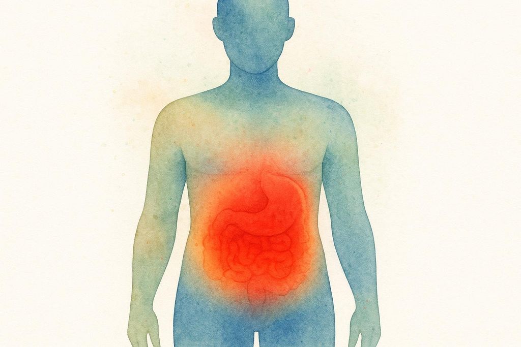 A stylized watercolor-like illustration of a human torso, with the stomach and intestines highlighted in red, indicating the location of visceral fat. The rest of the body is in shades of blue and green, with a light yellow background.