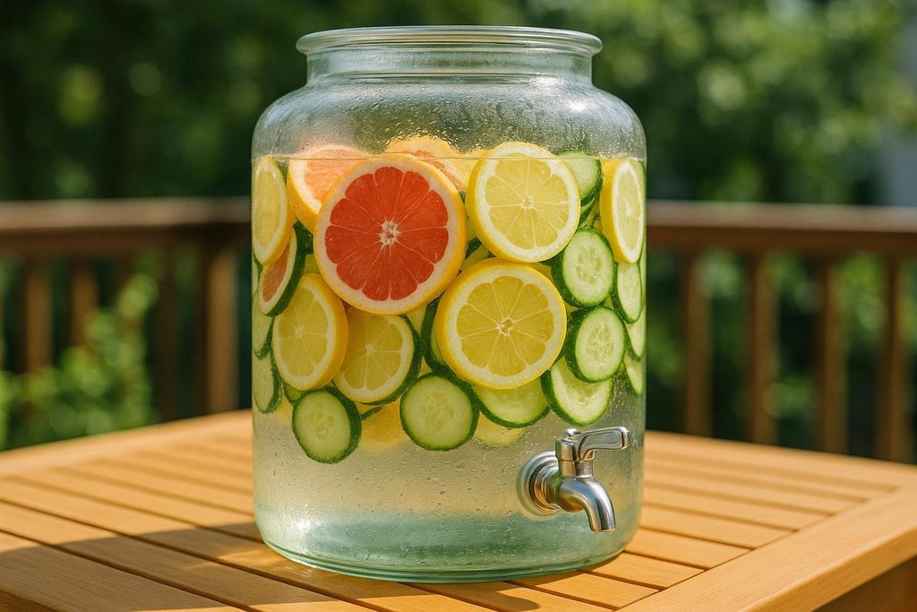 A large glass dispenser filled with fruit-infused water, containing slices of grapefruit, lemon, and cucumber, sits on a wooden outdoor table. A chrome spigot is visible on the side of the dispenser.