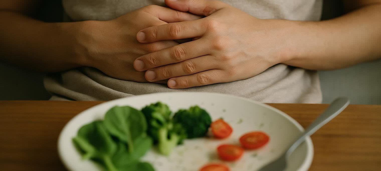 A person rests their hands on their stomach, indicating contentment after a meal of mostly eaten vegetables including broccoli, spinach, and cherry tomatoes.