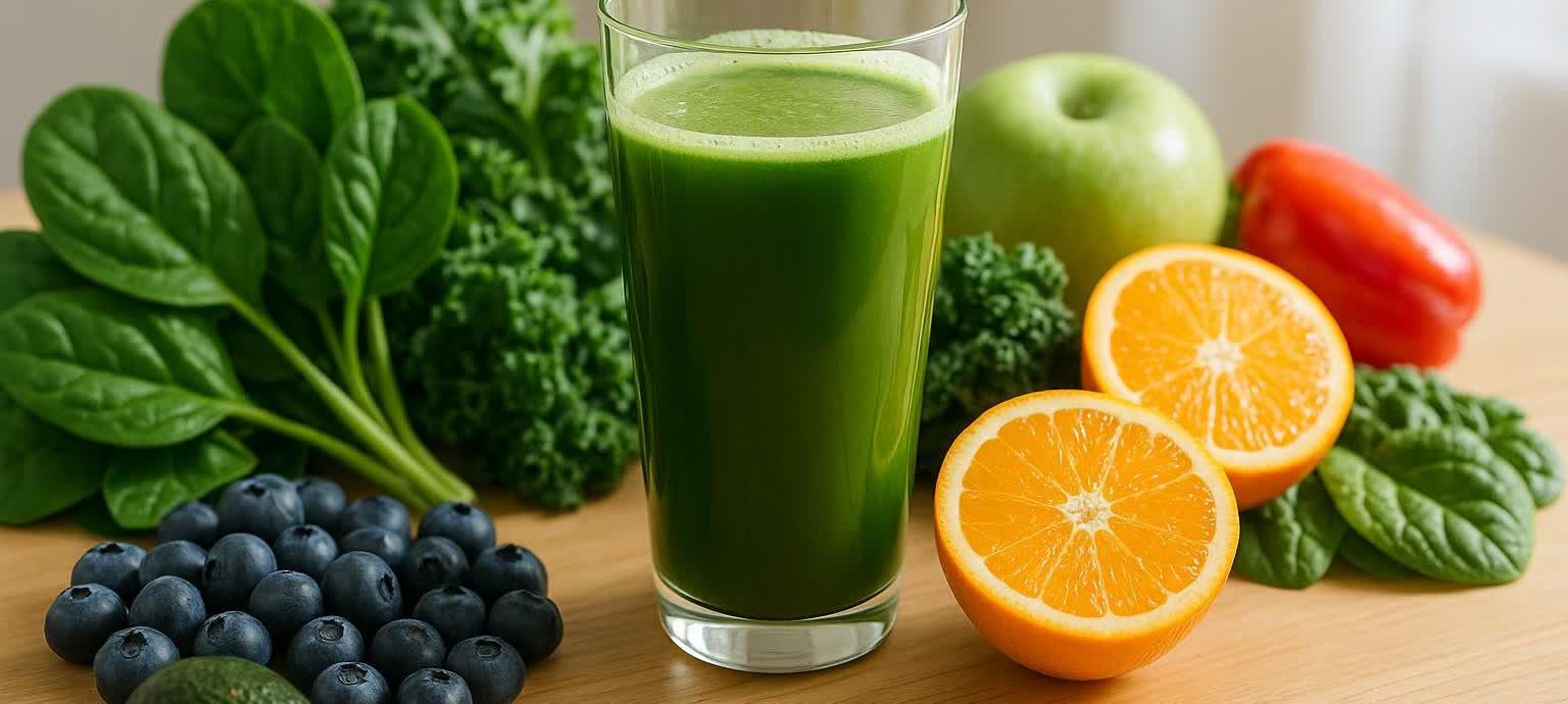 A glass of green liquid, likely a supplement or juice, sits on a wooden surface surrounded by fresh fruits and vegetables including blueberries, spinach, kale, oranges, a green apple, and a red bell pepper.