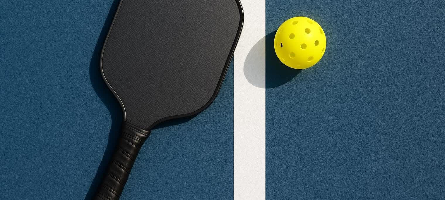 A black pickleball paddle and a bright yellow perforated pickleball rest on the white line of a blue pickleball court, awaiting a game.