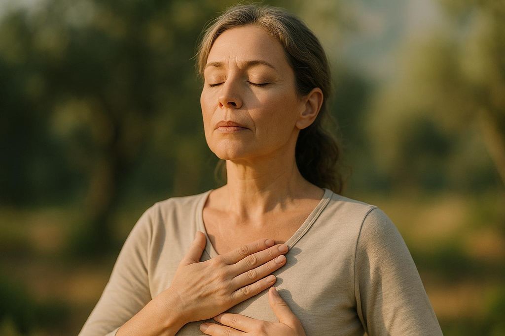 A woman with her eyes closed and hands placed on her chest, practicing deep breathing outdoors in the morning sunlight.
