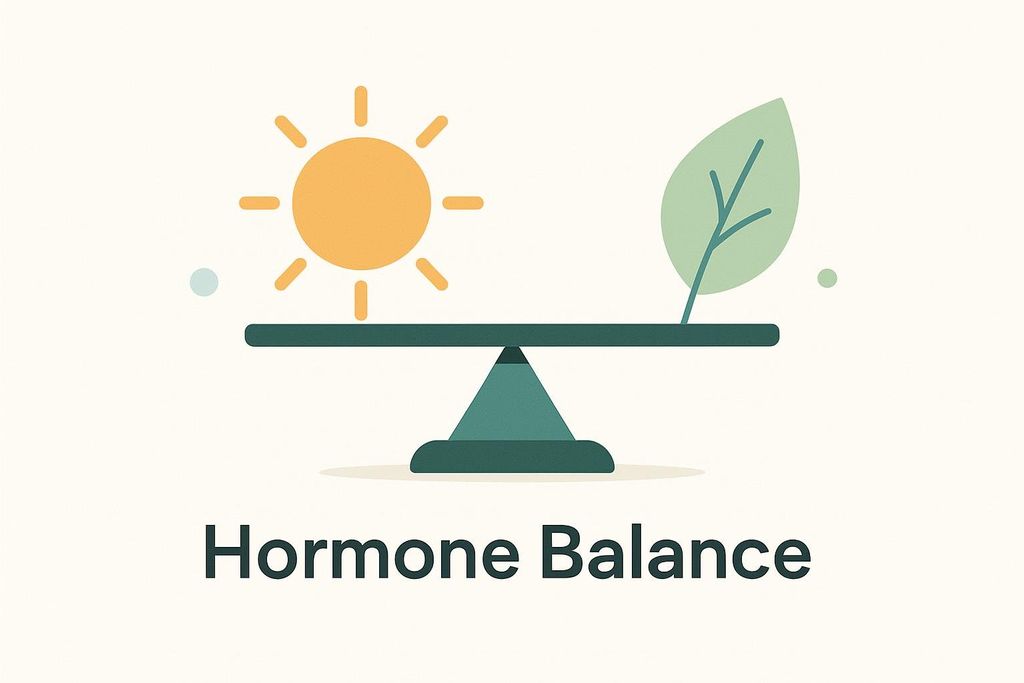 An illustration showing a balanced scale with a sun on one side and a green leaf on the other, representing hormone balance. The words 'Hormone Balance' are written below the scale.