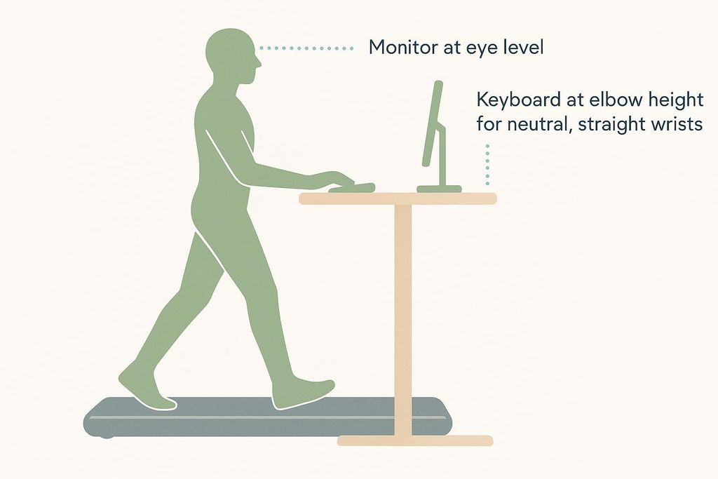 An ergonomic diagram demonstrating proper posture, monitor height, and keyboard position for comfortable and healthy use of a walking desk. The illustration shows a person walking on a treadmill desk with their monitor at eye level and keyboard at elbow height for neutral wrist positioning.