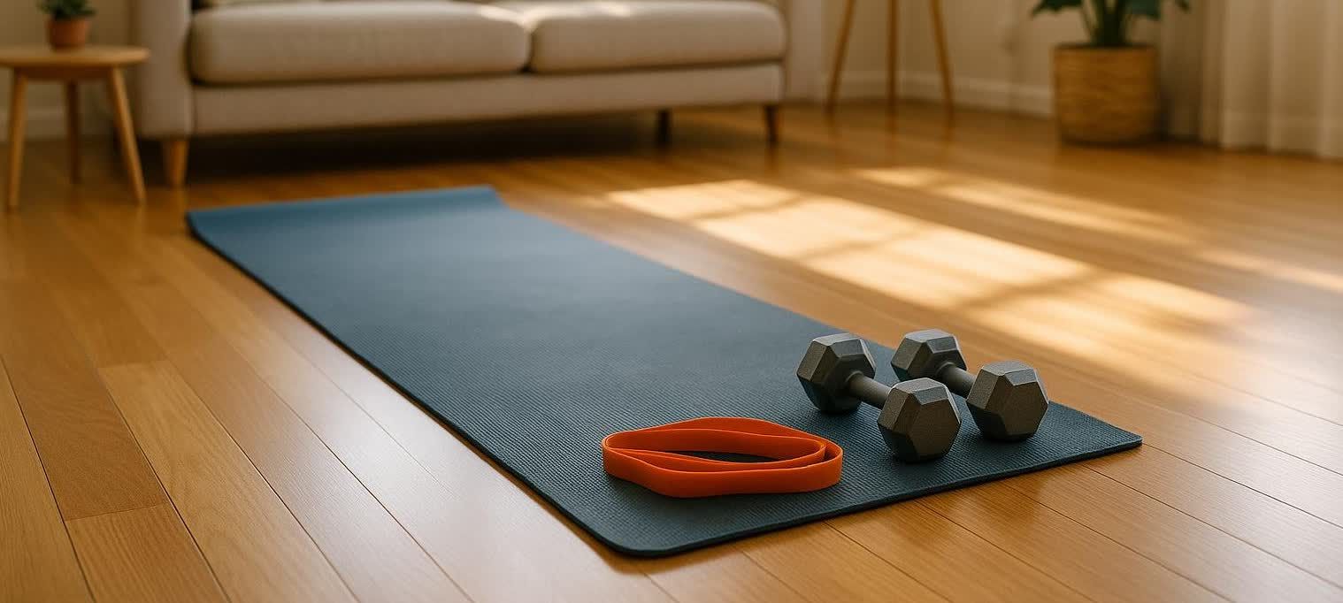 A home workout setup with a blue yoga mat, two dark gray dumbbells, and an orange resistance band on a wooden floor in a sunlit living room. A light-colored sofa is visible in the background.