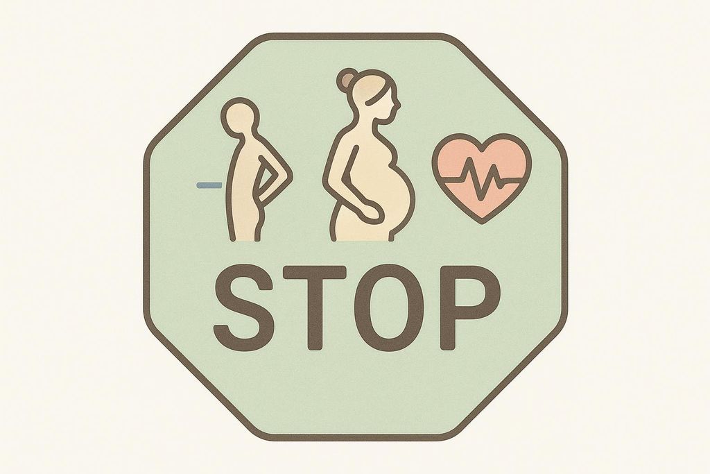 A stylized stop sign icon illustrating contraindications for fasting. The sign displays symbols for being underweight (a slim person with a minus sign), pregnancy (a pregnant woman), and heart conditions (a heart with an ECG line), with the word 'STOP' written below.