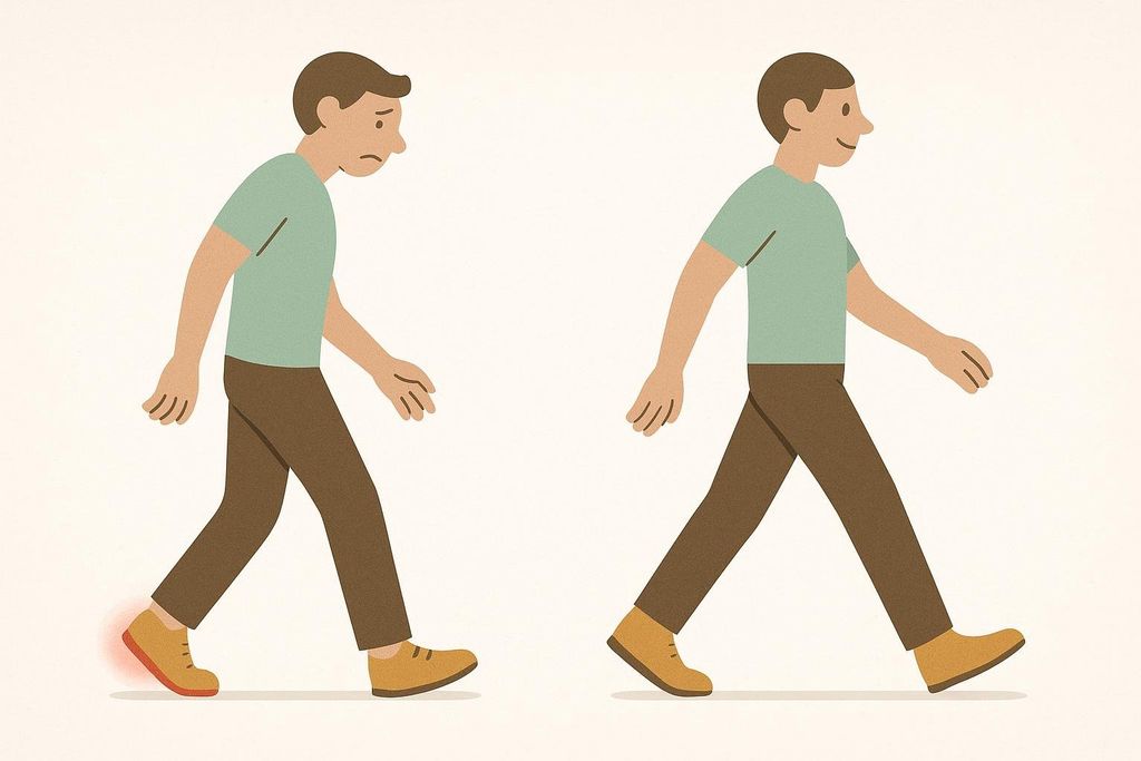 An illustration comparing a painful gait caused by foot pain with a healthy, smooth walking gait. The painful gait shows a frowning person with a red glow around their shoe, while the healthy gait shows a smiling person walking normally.