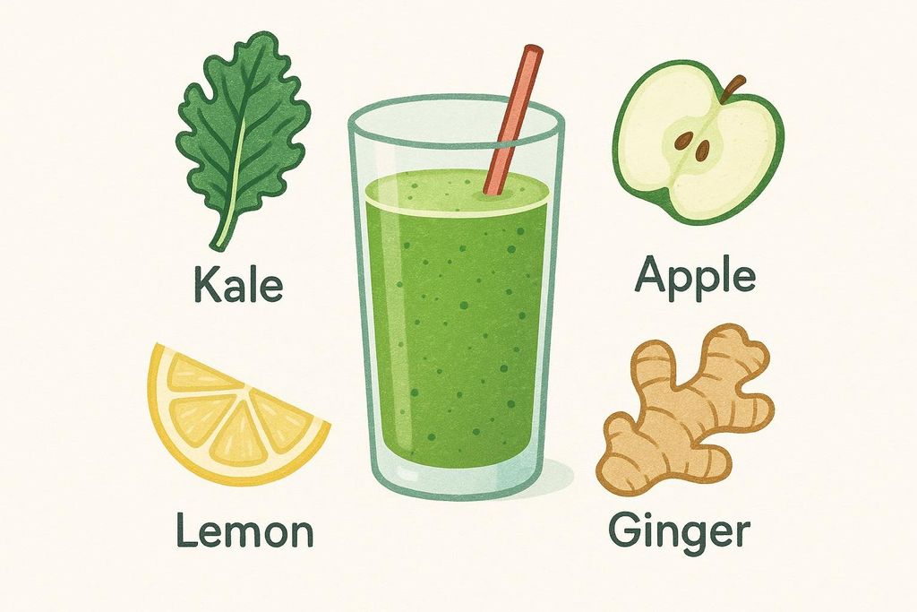 An illustration of a glass of green juice surrounded by its labeled ingredients: kale, an apple half, a lemon wedge, and ginger.