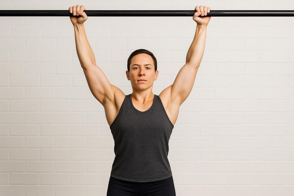A person demonstrates the correct form for a dead hang exercise, with shoulders engaged and pulled down, against a white brick wall.