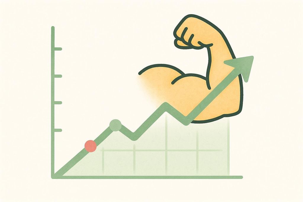 An abstract illustration of a line graph showing upward progress, with a muscular arm flexing at the end of the trend line, representing strength and growth.