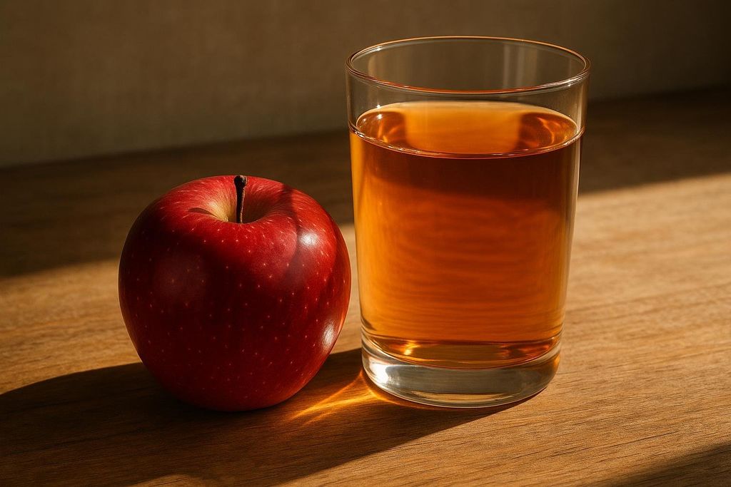 A vibrant red apple sits beside a clear glass filled with amber apple juice on a wooden surface, bathed in warm sunlight.