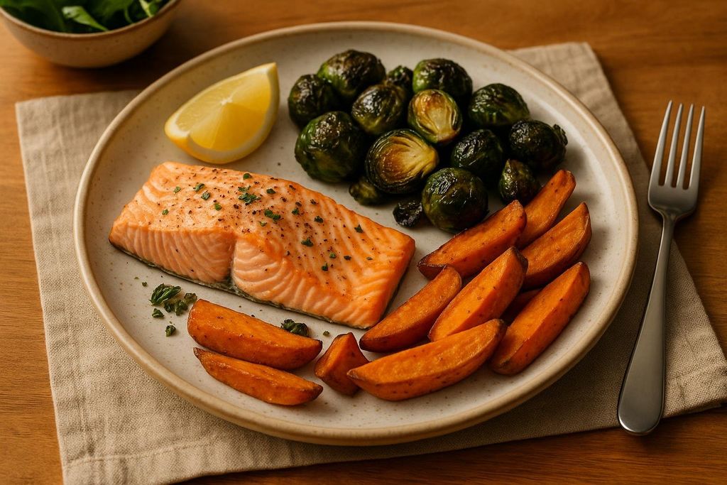 A delicious and healthy PCOS-friendly dinner plate with baked salmon, roasted Brussels sprouts, and sweet potato wedges, garnished with a lemon slice.