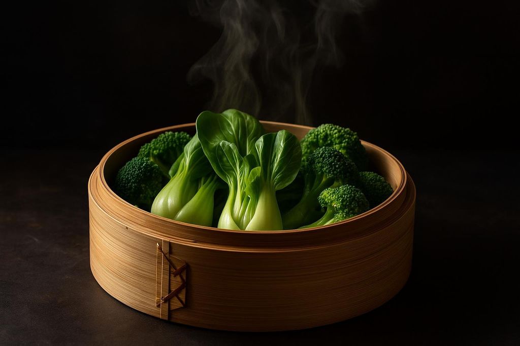 A bamboo steamer basket filled with fresh baby bok choy and broccoli florets, with steam rising above them against a dark background.
