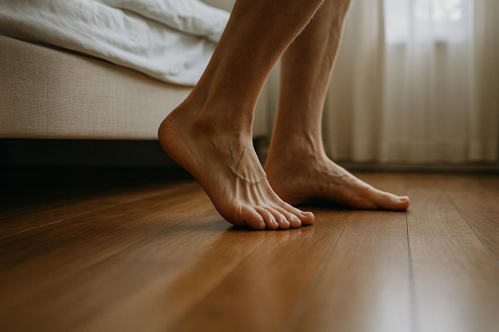 Close-up of bare feet of a person stepping from a bed onto a polished wooden floor, suggesting the start of a day or getting out of bed.