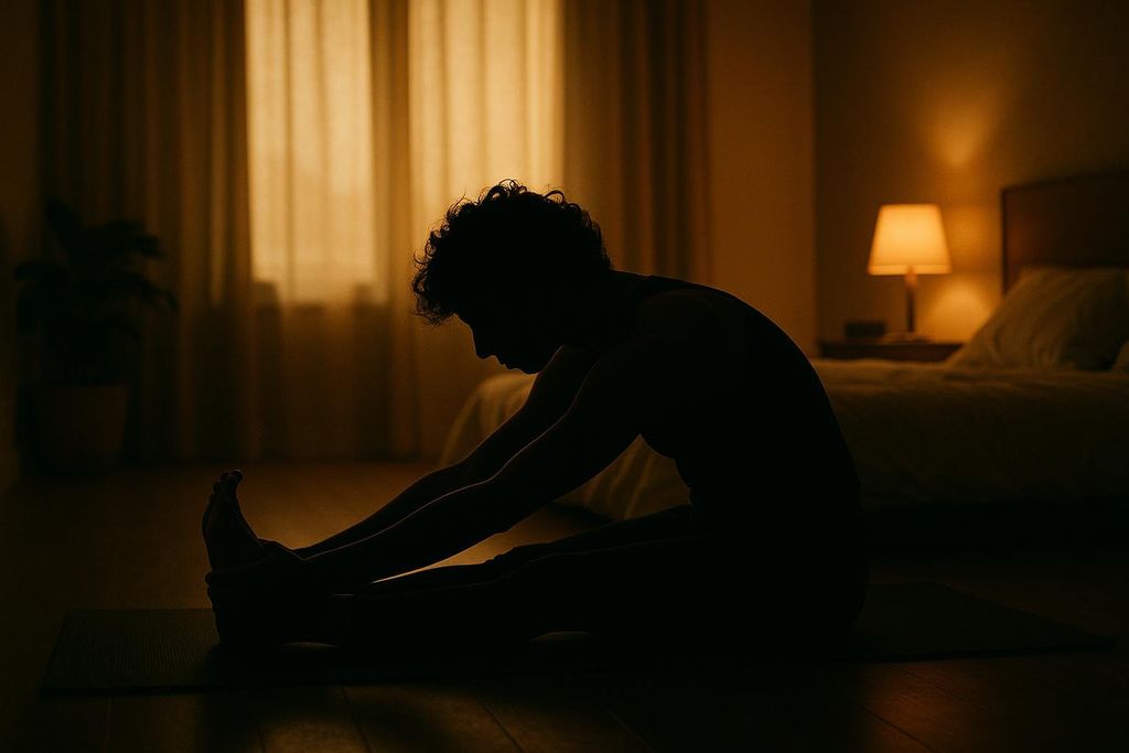 A silhouetted person with curly hair is sitting on a yoga mat on a wooden floor, stretching forward to touch their toes. The room is dimly lit with warm light coming from a window with curtains and a bedside lamp in the background.