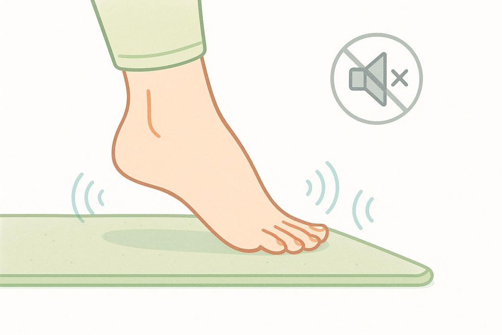 An icon illustrating how to perform home cardio quietly to avoid disturbing neighbors, showing a foot stepping softly on a mat with sound waves emanating, and a crossed-out speaker icon indicating no noise.