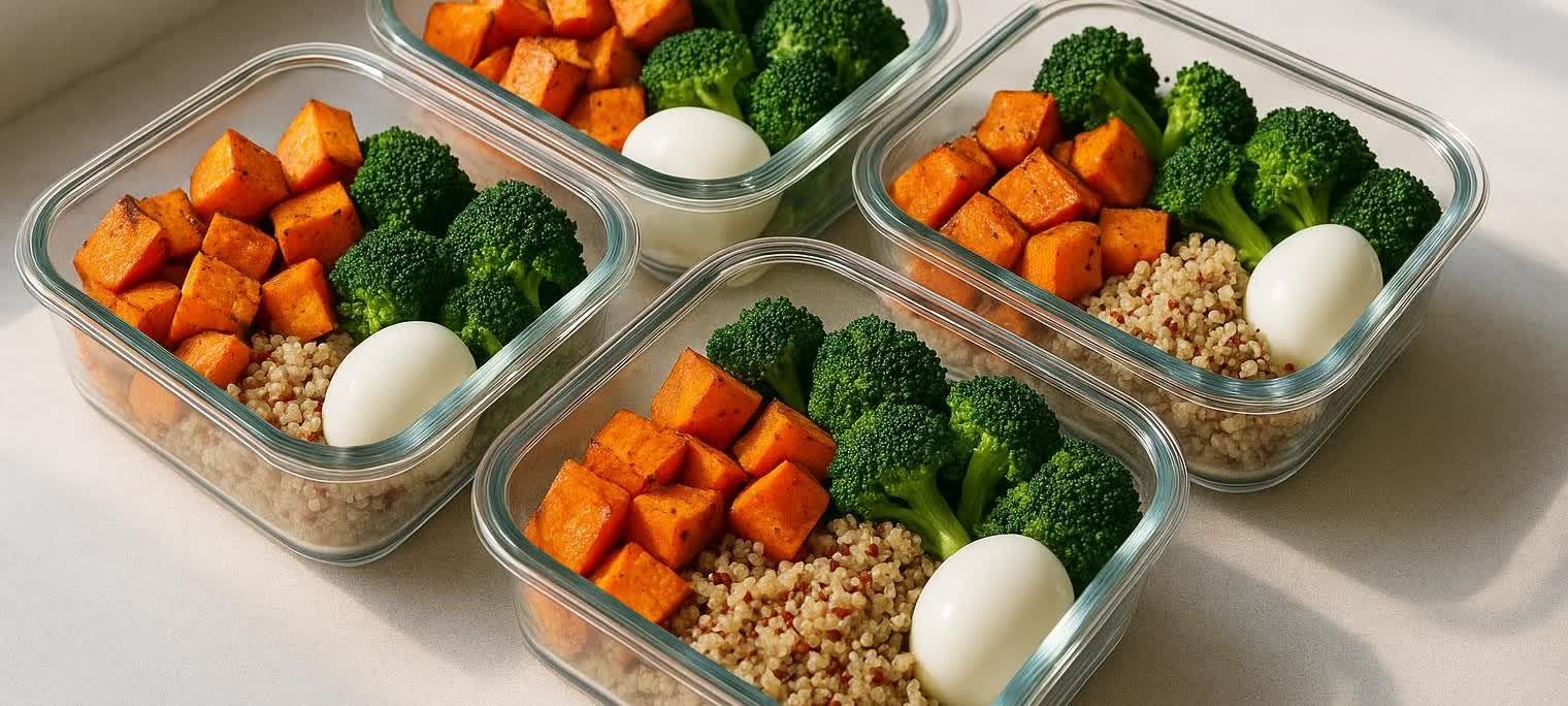 Four clear glass containers filled with portioned healthy vegetarian meals. Each container holds quinoa, roasted sweet potato cubes, steamed broccoli florets, and a hard-boiled egg. The meals are vibrantly colored and neatly arranged.