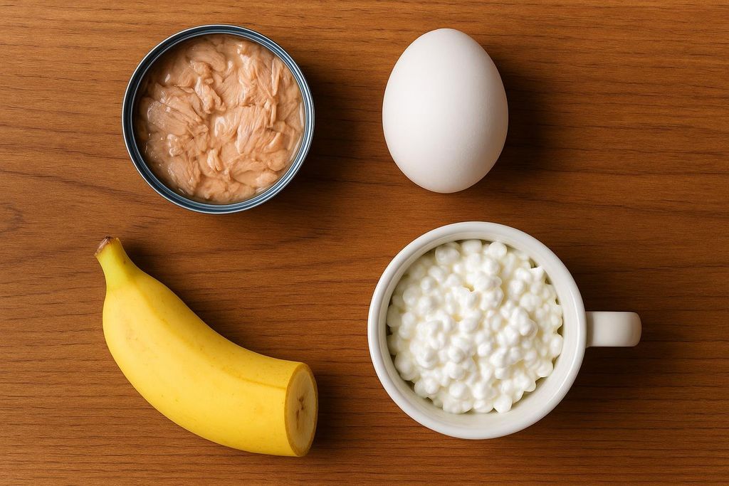 Four food items commonly associated with the Military Diet are arranged on a wooden table: an open can of tuna, a single white egg, a banana with a cut end, and a cup of cottage cheese.