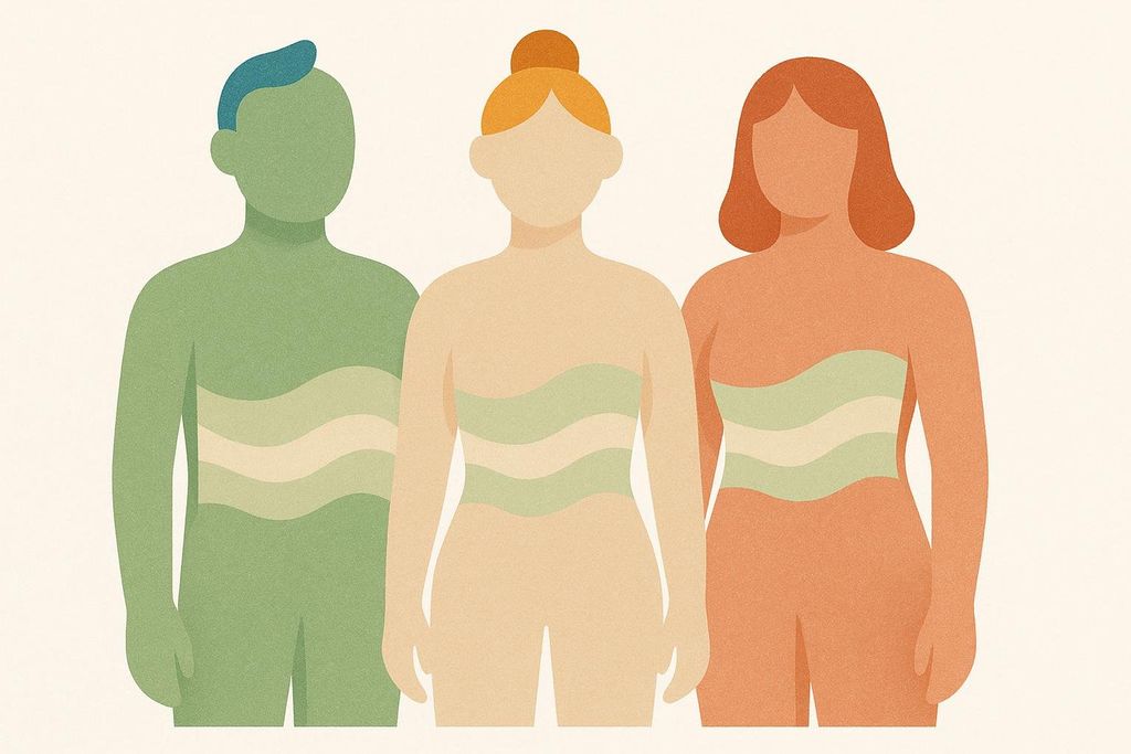 An abstract illustration depicting three diverse figures. The figure on the left is green with blue hair, the middle figure is light beige with orange hair in a bun, and the figure on the right is orange with reddish-brown hair. Each figure has wavy horizontal stripes across their torso in shades of green and beige, representing a unified and inclusive approach to care.