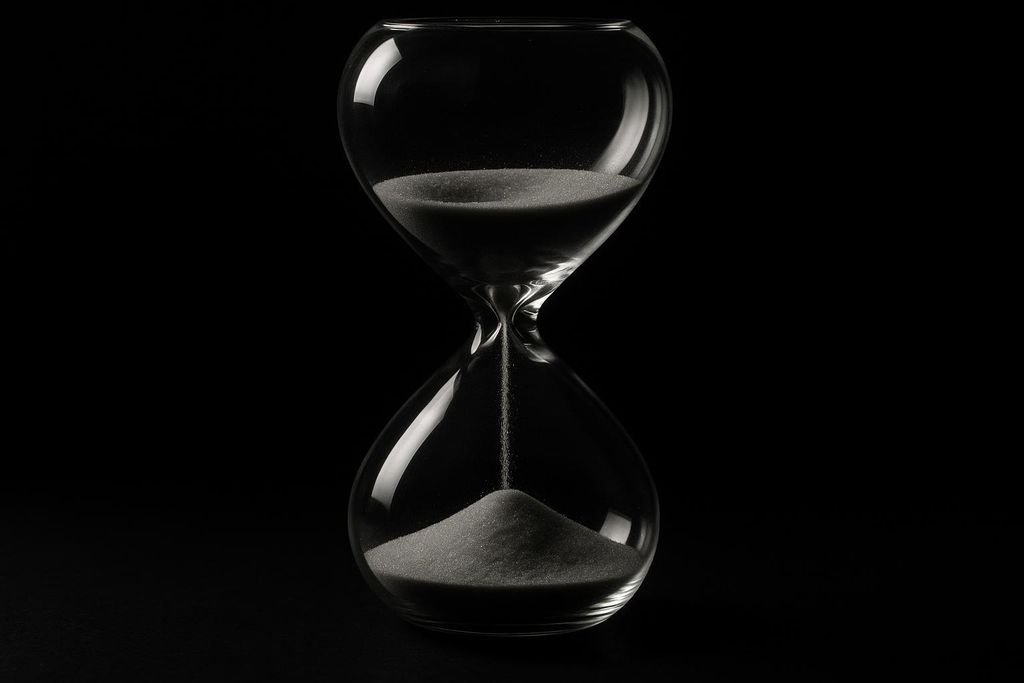 A clear glass hourglass set against a dark, possibly black, background. White sand is actively falling from the upper bulb to the lower bulb, with a significant pile of sand already accumulated at the bottom.