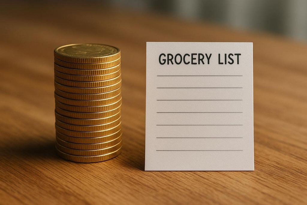 A stack of golden coins next to a blank grocery list on a wooden surface, symbolizing budget and financial planning for shopping.