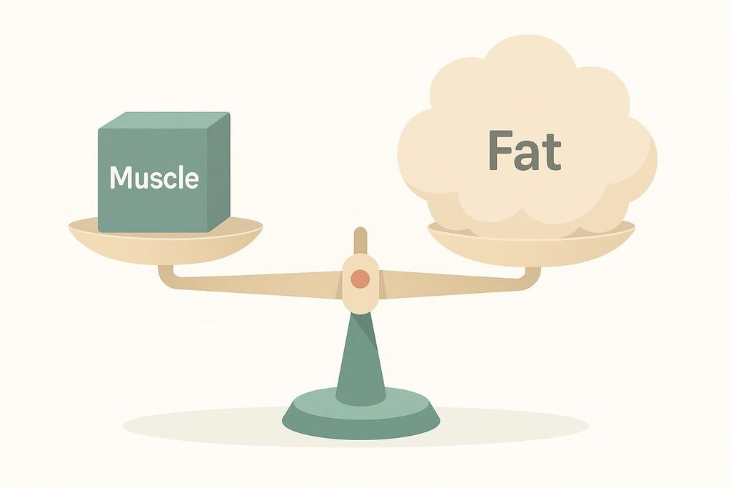 An illustration showing a small, dense green cube labeled 'Muscle' on one side of a balanced scale, and a large, cloud-like mass labeled 'Fat' on the other. This visually explains why BMI can be misleading, as equal weights of muscle and fat occupy different volumes.