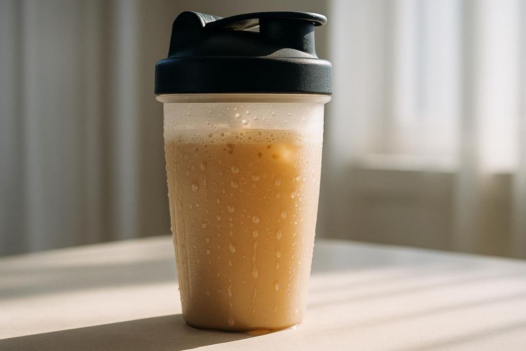 A refreshing high-protein iced coffee shake in a condensation-covered shaker cup, with a black lid. The drink is a light brown color with some foam on top and ice cubes visible. It sits on a light surface with soft light and shadows from a window in the background.