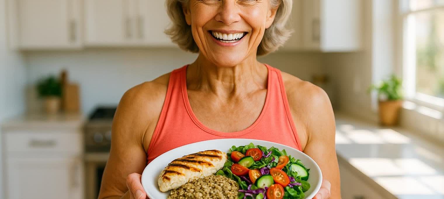 A healthy woman in her 60s smiles brightly while holding a plate of nutritious food, including grilled chicken, quinoa, and a fresh salad, in a bright kitchen.