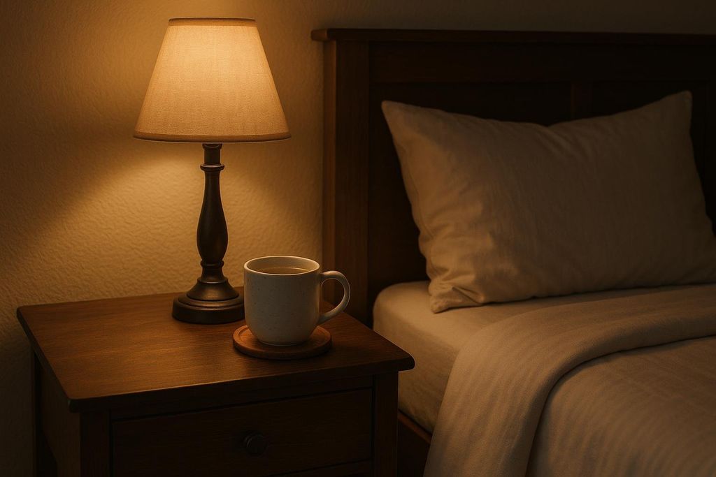 A cozy bedside table with a warm lamp illuminating a ceramic mug on a coaster, next to a bed with a pillow and blanket.