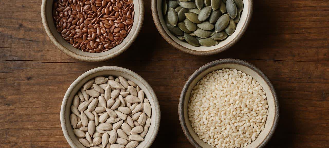 Four bowls containing flax, pumpkin, sunflower, and sesame seeds are arranged in a circle on a rustic wooden table, viewed from directly above.