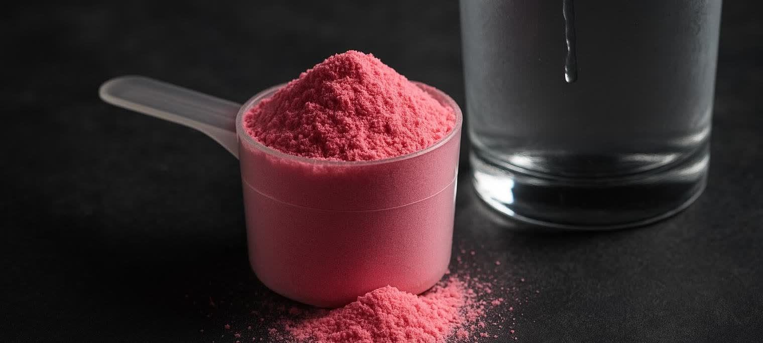 A full scoop of pink pre-workout powder sits next to a glass of water, with some powder spilled on the dark surface.