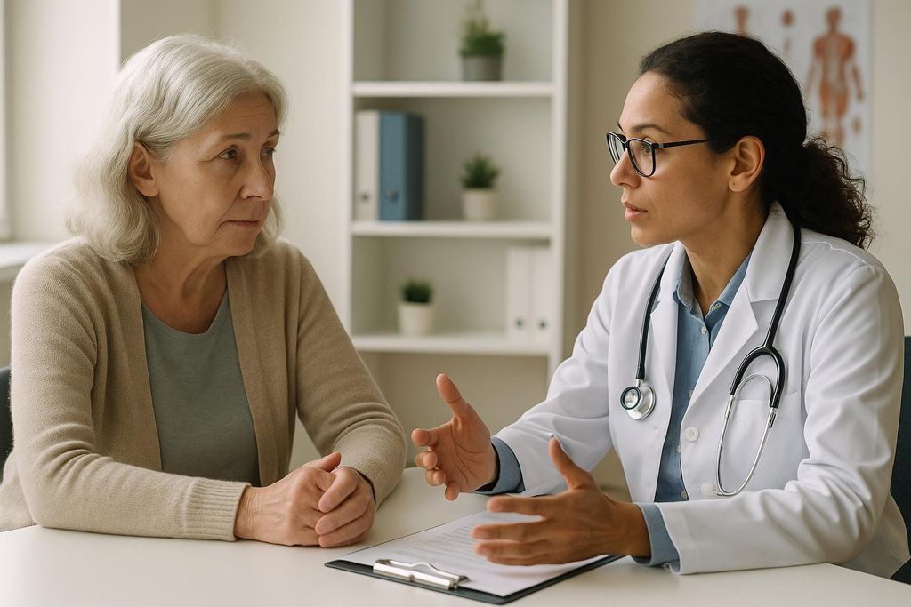 An older woman with gray hair sits across a table from a female doctor, who is wearing a white lab coat and glasses, and gesturing with her hands while discussing the woman's health. In the background, a bookshelf holds binders and small potted plants.