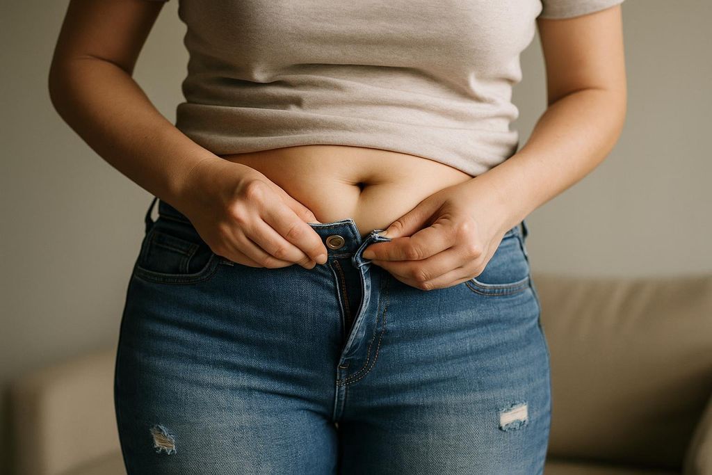 A person struggling to button a tight pair of jeans, illustrating a common sign that it's time to end a bulk. The person is pressing their fingers firmly against their stomach to try and close the jeans.