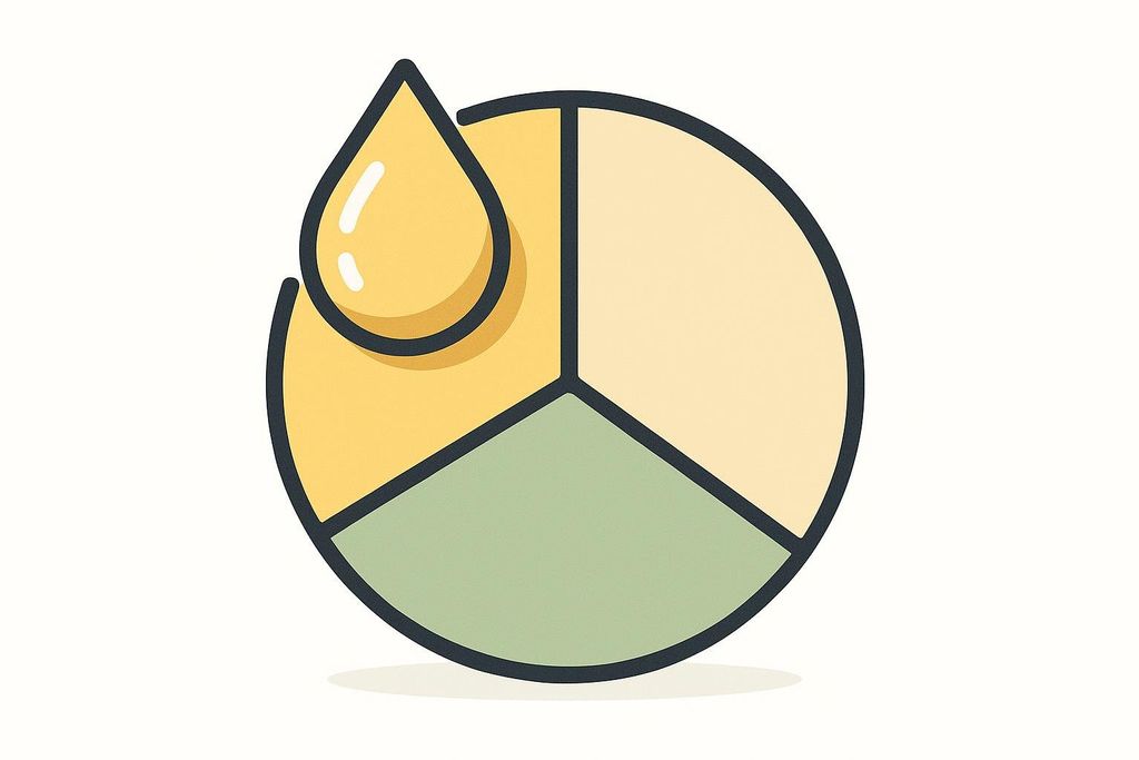 An illustration of a pie chart divided into three sections of beige, light yellow, and light green. A golden-yellow oil droplet with a highlight is positioned over the light yellow section, implying fat intake or oil consumption.