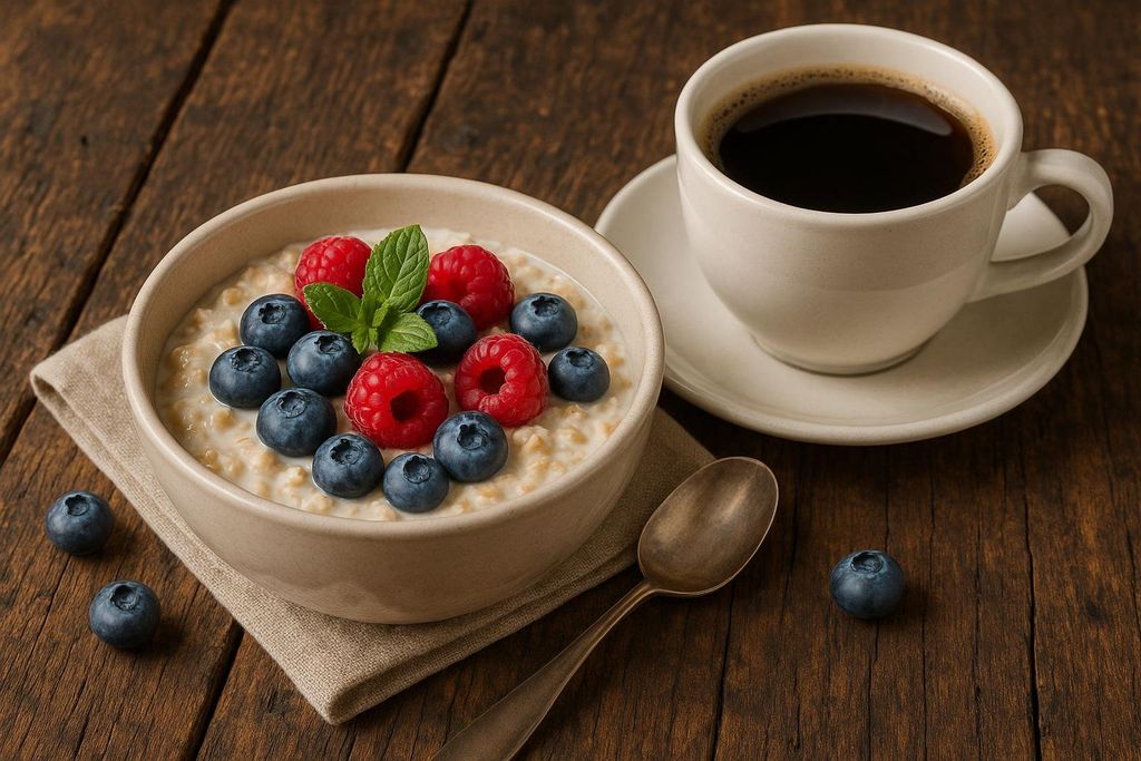 A bowl of overnight oats with blueberries, raspberries, and a mint leaf on a wooden table, next to a cup of black coffee and a spoon.