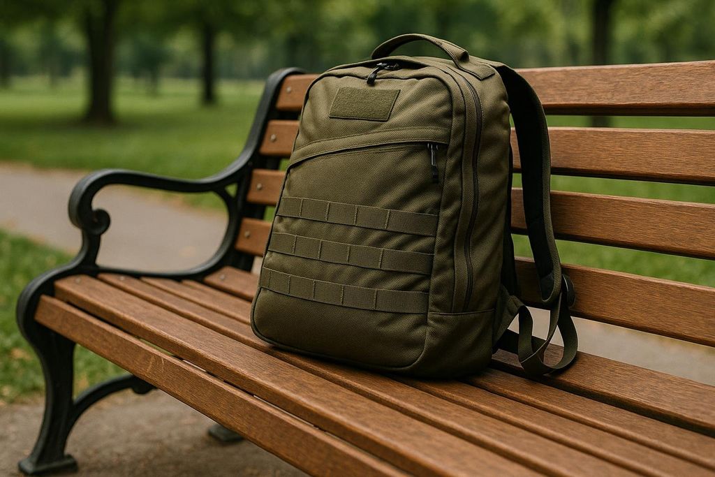 Backpack resting on a bench, representing rucking.