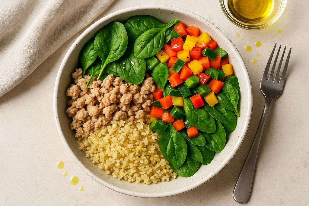 Overhead view of a turkey quinoa bowl with spinach and diced red, yellow, and green bell peppers.