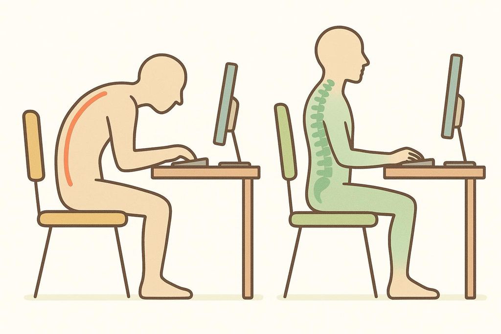 An illustration comparing two figures sitting at computer desks. The figure on the left is slouched with a curved spine, illustrating poor posture. The figure on the right sits upright with a straight, correctly aligned spine, illustrating good posture.