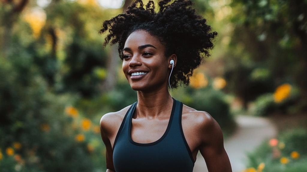 A smiling Black woman is jogging in a park while wearing a sports bra and earbuds. The background is blurred with trees and yellow flowers.