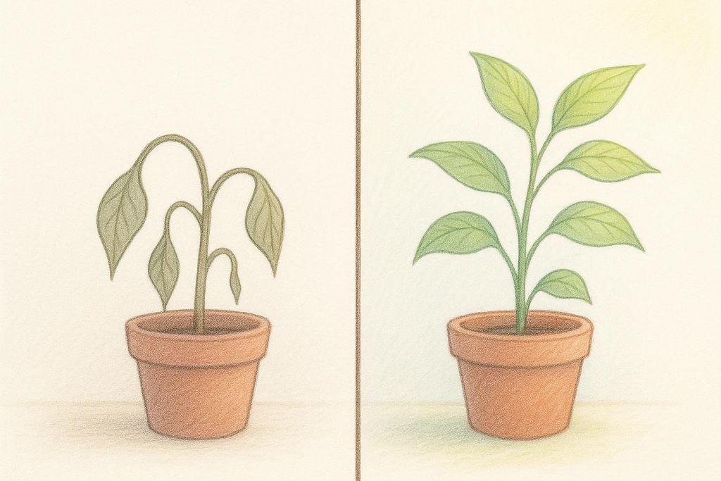 An illustration showing a plant in a terracotta pot with limp, wilted leaves on the left, contrasted with the same plant on the right, now vibrant and healthy with upright green leaves.