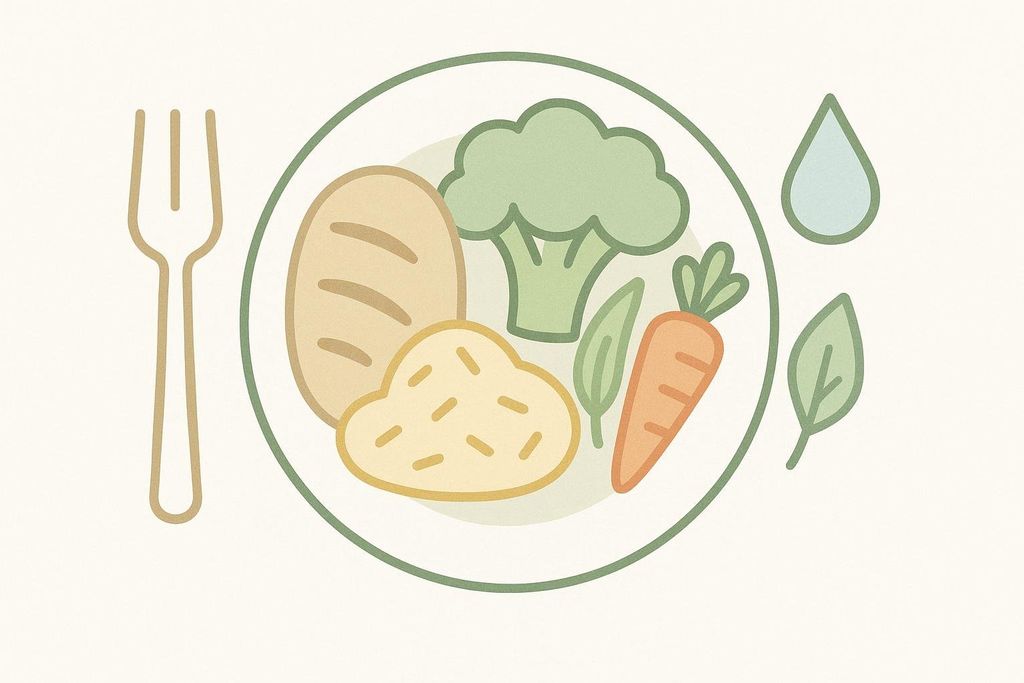 An illustration of a meal on a plate with healthy ingredients, including a potato, bread, broccoli, and carrots. A fork is next to the plate, and a water droplet and leaves are depicted nearby.