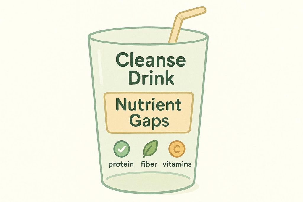 An infographic illustrating that a 'Cleanse Drink' has 'Nutrient Gaps.' Below these words, icons indicate deficits in protein, fiber, and vitamins, with protein having a checkmark (implying adequate or present) while fiber and vitamins (represented by a leaf and a 'C' in a circle, respectively) do not, suggesting their absence or insufficiency. This infographic visualizes common nutritional deficiencies in detox or cleanse diets.