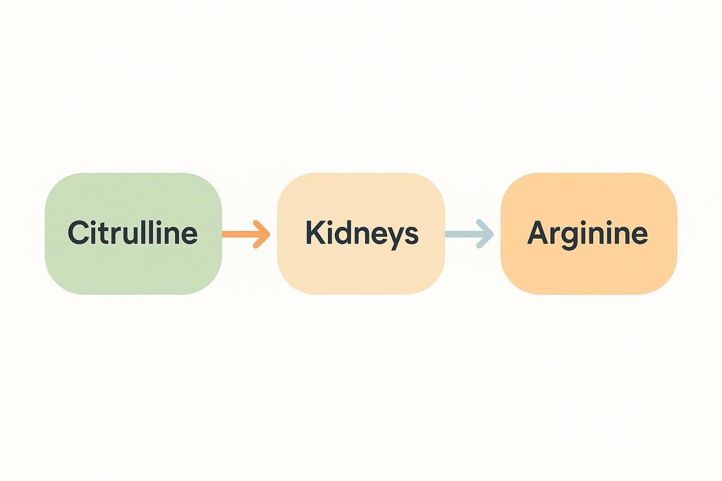 A simple flowchart illustrating the metabolic pathway where Citrulline is converted to Arginine within the Kidneys. Green box 'Citrulline' is connected by an orange arrow to a tan box 'Kidneys', which is then connected by a blue arrow to an orange box 'Arginine'.